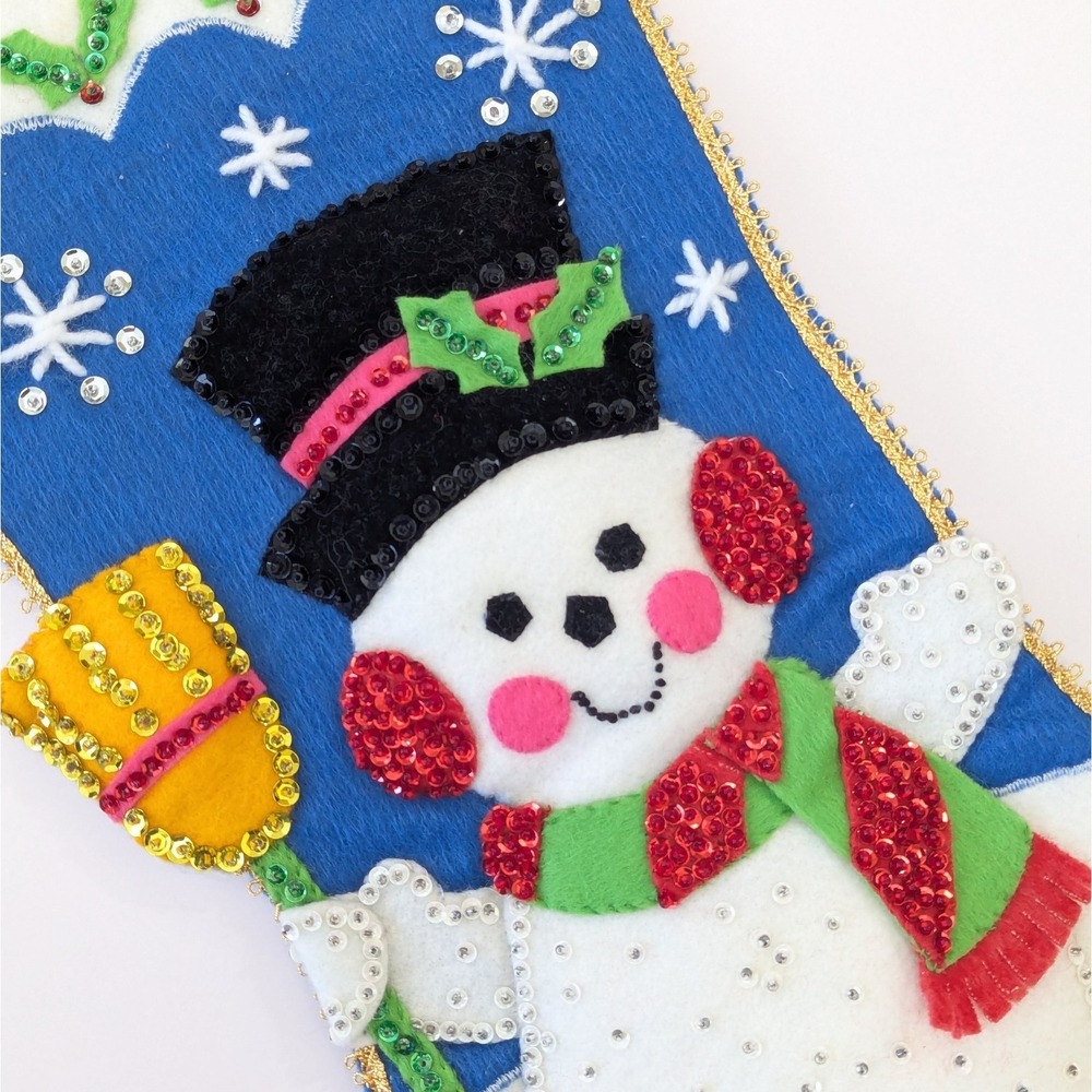 Vintage Finished Bucilla Felt Sequin Beaded Christmas Stocking Snowman w/Broom - Picture 2 of 9